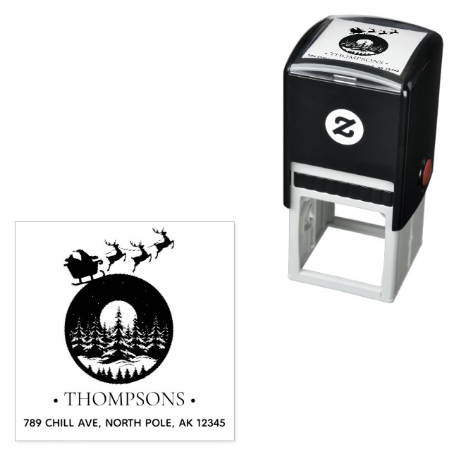 Merry Christmas Cute Custom Santa Sleigh and Trees Self-inking Stamp (In Situ)