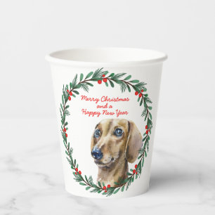 Merry Christmas Cute Dachshund Dog Holiday Wreath Paper Cups