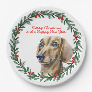 Merry Christmas Cute Dachshund Dog Holiday Wreath Paper Plate