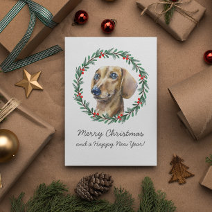 Merry Christmas Cute Dachshund Holiday Wreath Card