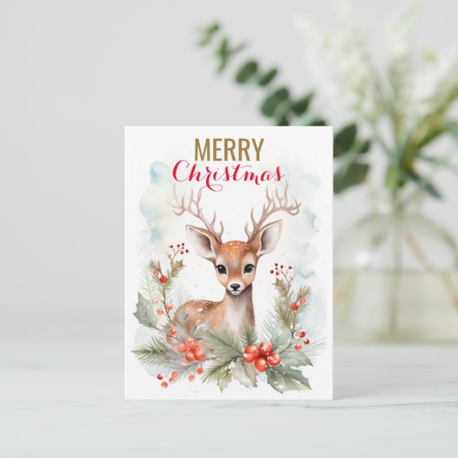 Merry Christmas Cute Dear Deer Winter Funny Holiday Postcard (Standing Front)