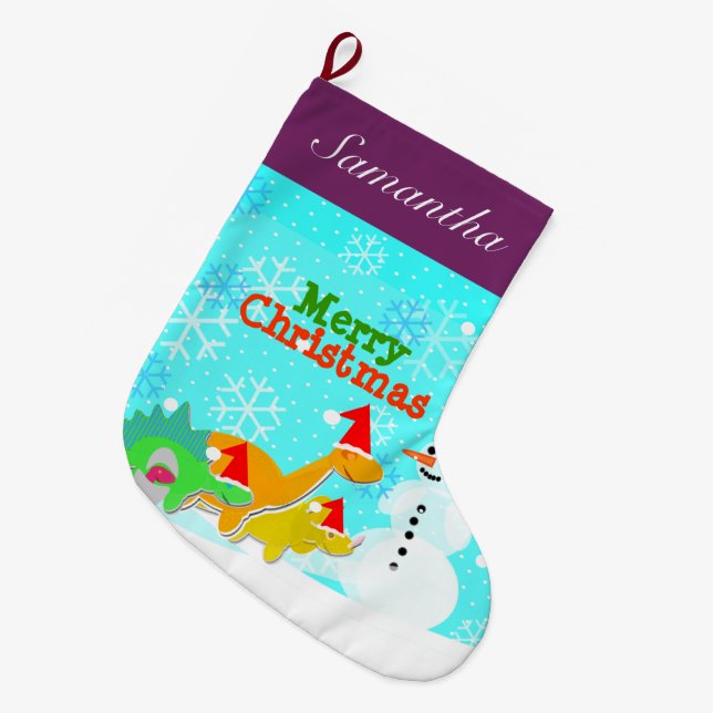Merry Christmas Cute Dinosaurs Holiday Large Christmas Stocking (Front (Hanging))