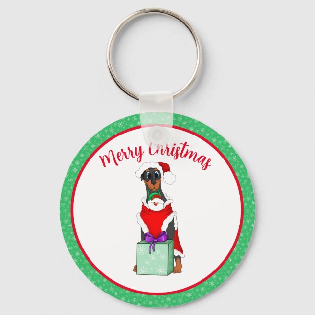 Merry Christmas Cute Doberman In Santa Outfit  Key Ring (Front)
