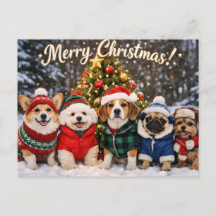 Merry Christmas Cute Dogs and Christmas Tree Postcard