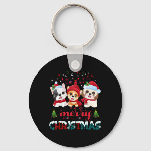 Merry Christmas Cute Dogs Red Santa Hat Christmas Key Ring