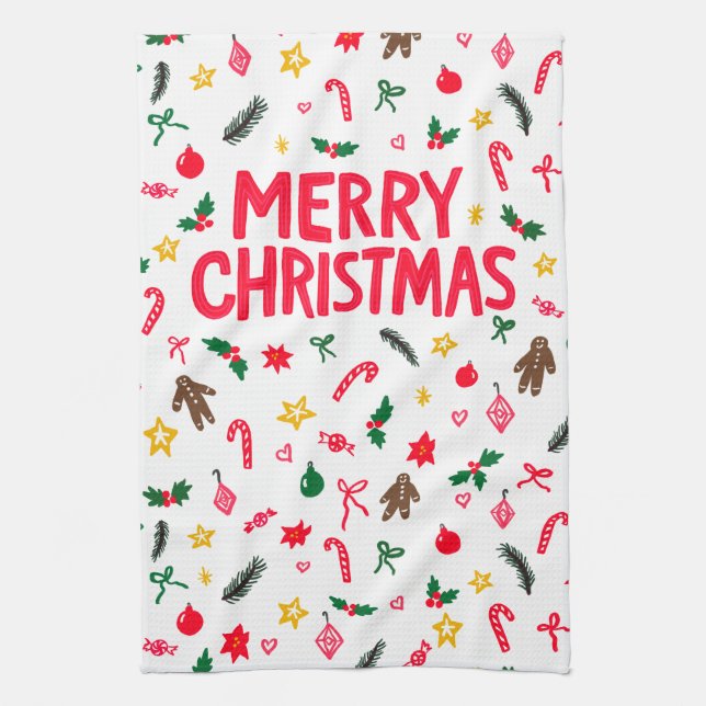 MERRY CHRISTMAS Cute Doodle Whimsical CUSTOM Tea Towel (Vertical)