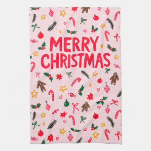 MERRY CHRISTMAS Cute Doodle Whimsical CUSTOM Tea Towel