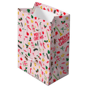 Merry Christmas Cute Doodle Whimsical Pattern  Medium Gift Bag