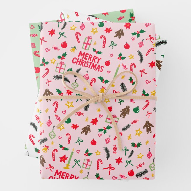 Merry Christmas Cute Doodle Whimsical Pattern  Wrapping Paper Sheet (In situ)