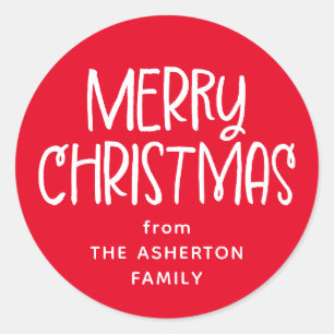 Merry Christmas cute fun red family name Classic Round Sticker