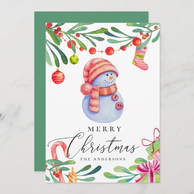 Merry Christmas. Cute funny watercolor snowman Holiday Card (Front/Back)