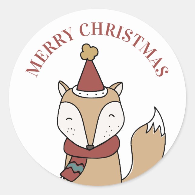 Merry Christmas. Cute funny winter fox animal Classic Round Sticker (Front)