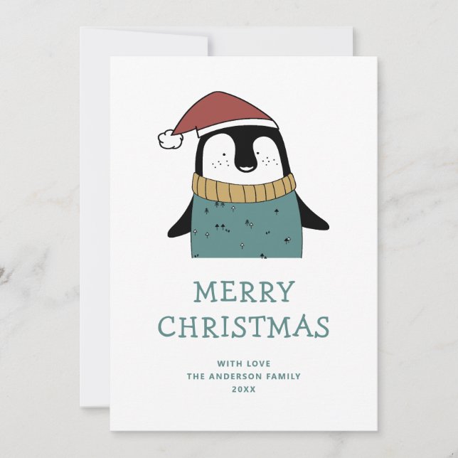 Merry Christmas. Cute funny winter Santa penguin Holiday Card (Front)