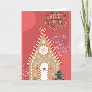 Merry Christmas Cute Gingerbread Man and House Holiday Card