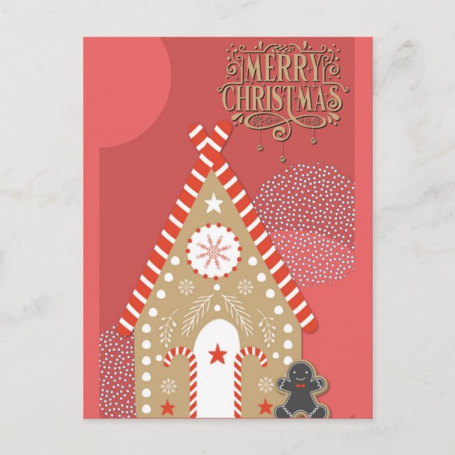 Merry Christmas Cute Gingerbread Man and House Postcard (Front)