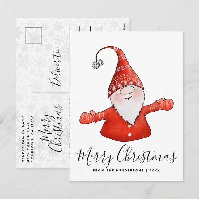 Merry Christmas Cute Gnome Modern Holiday Postcard (Front/Back)