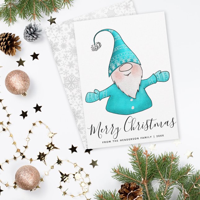 Merry Christmas Cute Gnome White Teal Blue Modern Holiday Card (Creator Uploaded)
