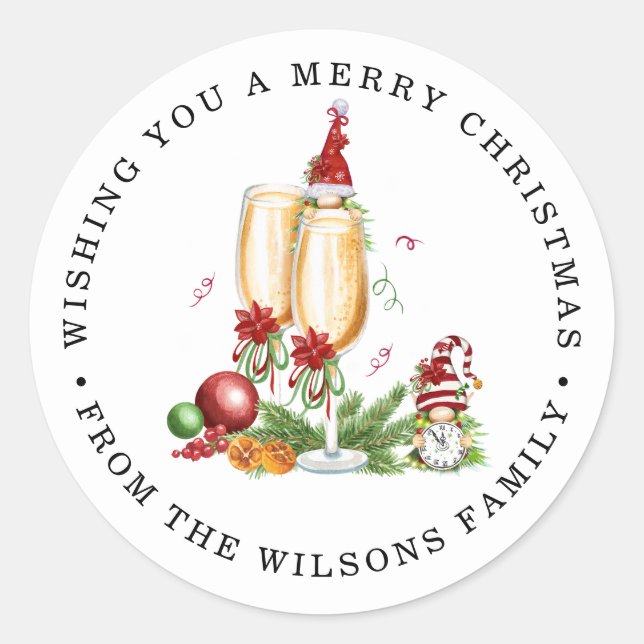 merry christmas cute gnomes and champagne classic round sticker (Front)