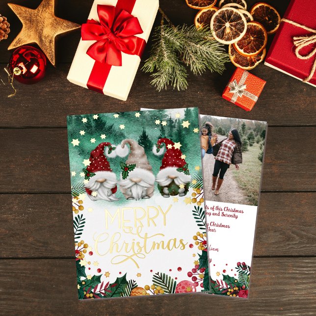 Merry Christmas Cute Gnomes Gold Stars Photo   Foil Holiday Card (Creator Uploaded)