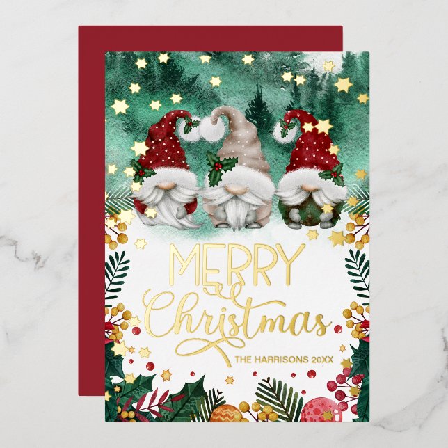 Merry Christmas Cute Gnomes Gold Stars Photo    Foil Holiday Card (Front/Back)