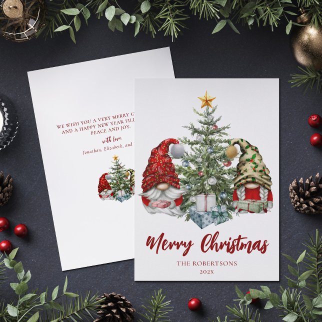 Merry Christmas Cute Gnomes Pine Tree Holiday Card (Creator Uploaded)