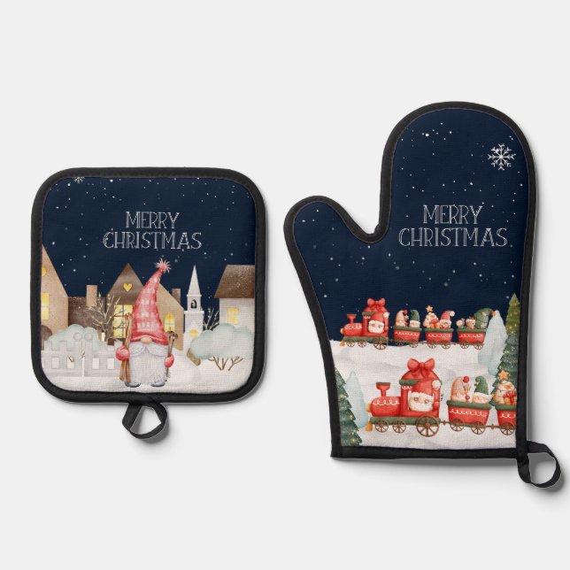 Merry Christmas Cute Gnomes Winter Snow  Oven Mitt & Pot Holder Set (Front)