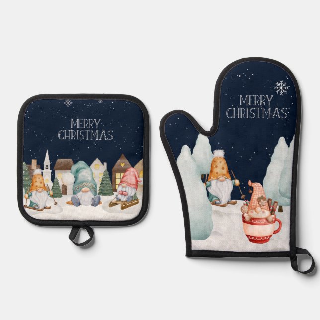 Merry Christmas Cute Gnomes Winter Snow  Oven Mitt & Pot Holder Set (Front)