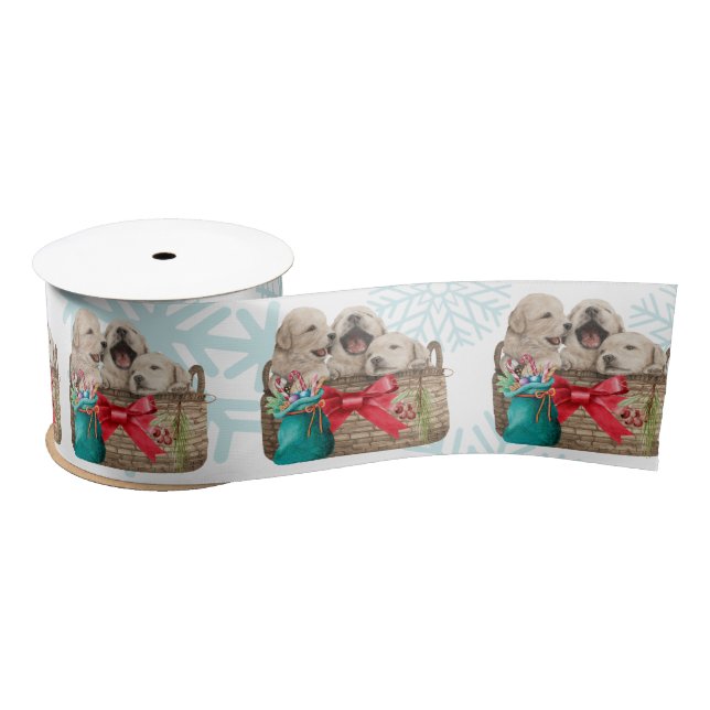 Merry Christmas Cute Golden Retriever Puppies  Satin Ribbon (Spool)