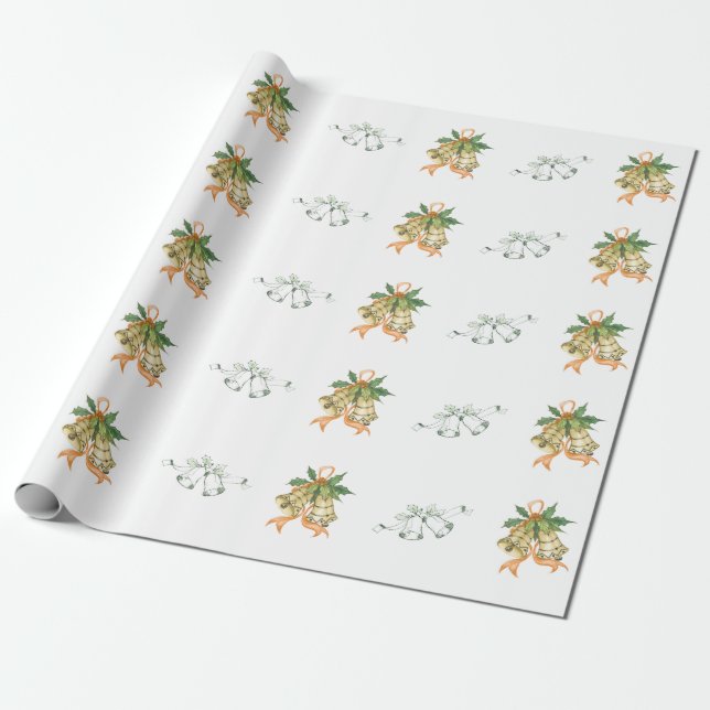 Merry Christmas Cute Green Yellow Orange Bells Wrapping Paper (Unrolled)