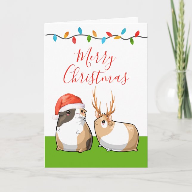 Merry Christmas Cute Guinea Pigs Santa Reindeer Holiday Card (Front)