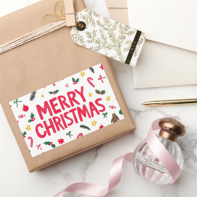 Merry Christmas Cute Hand-Drawn CUSTOM  Rectangular Sticker (Gifting)