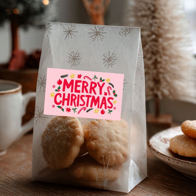 Merry Christmas Cute Hand-Drawn CUSTOM  Rectangular Sticker (Merry Christmas Cute Hand-Drawn CUSTOM Rectangular Large Pink Holiday Sticker
)