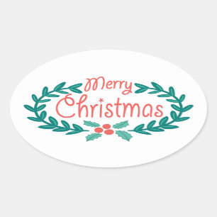 MERRY CHRISTMAS CUTE HAND-DRAWN HOLLY WREATH OVAL STICKER