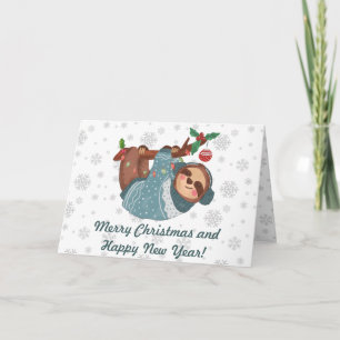 Merry Christmas Cute Hanging Sloth and Snowflakes Card