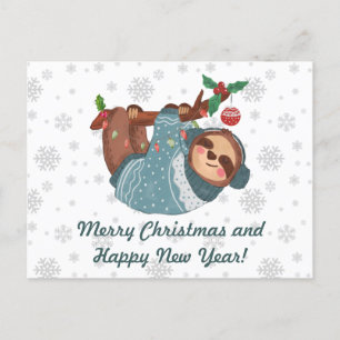 Merry Christmas Cute Hanging Sloth and Snowflakes Holiday Postcard