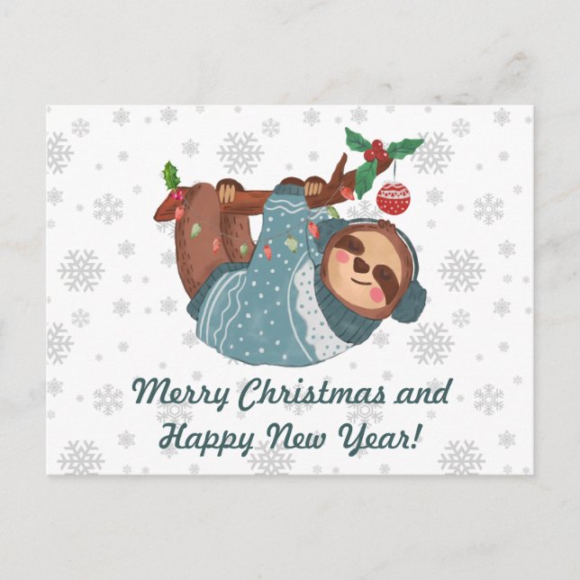 Merry Christmas Cute Hanging Sloth and Snowflakes Holiday Postcard (Front)