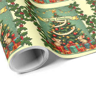 Merry Christmas Cute Happy Mice Victorian Tree Wrapping Paper