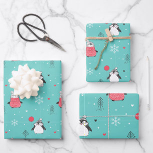 Merry Christmas Cute Happy Penguin in Hats Blue Wrapping Paper Sheet
