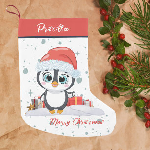 Merry Christmas Cute Happy Penguin With Snow Small Christmas Stocking