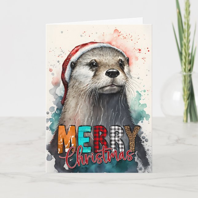 Merry Christmas Cute Happy Santa Otter Card (Front)