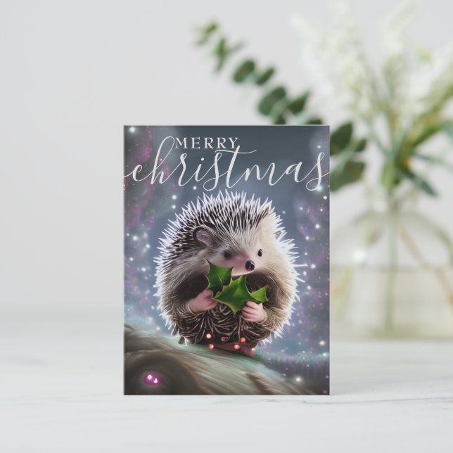 Merry Christmas Cute Hedgehog Holiday Postcard (Standing Front)