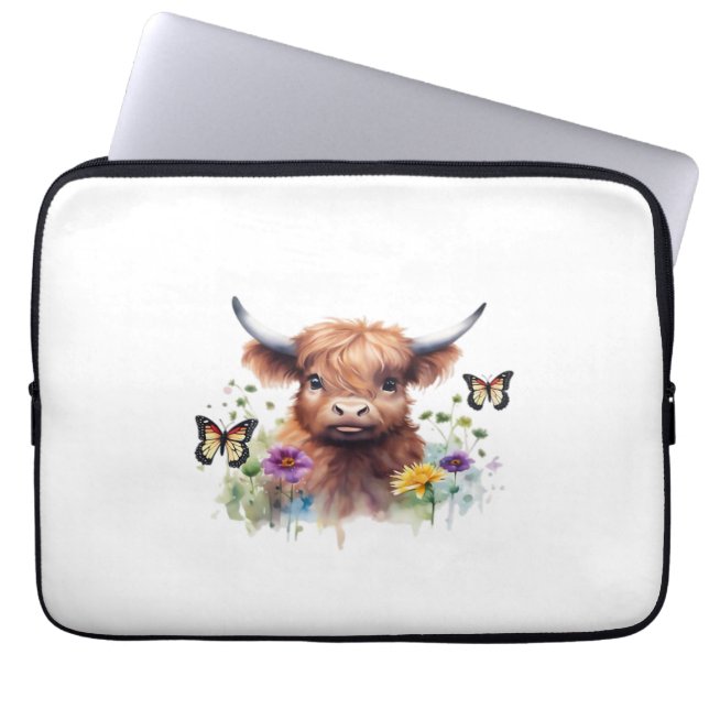 Merry Christmas Cute Highland Cow Classic T-Shirt Laptop Sleeve (Front)