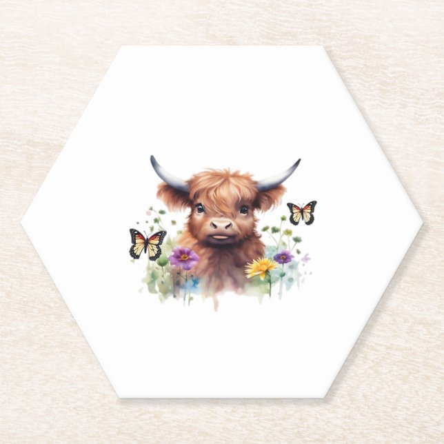 Merry Christmas Cute Highland Cow Classic T-Shirt Paper Coaster (Front)