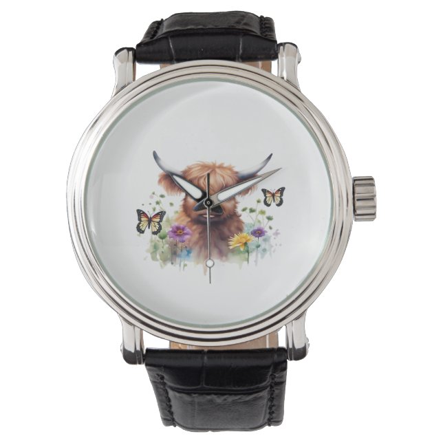Merry Christmas Cute Highland Cow Classic T-Shirt Watch (Front)