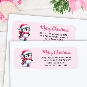 Merry Christmas Cute Ice Skating Penguin Pink