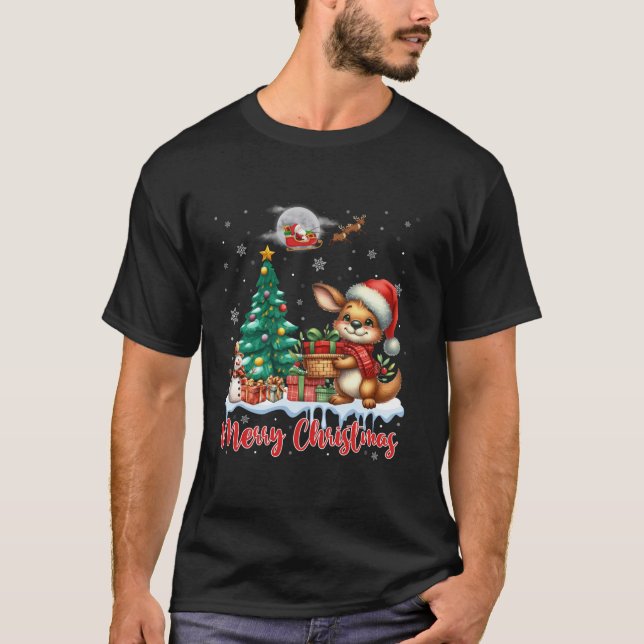 Merry Christmas Cute Kangaroo Santa Hat Kangaroo L T-Shirt (Front)