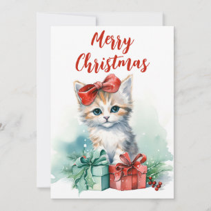Merry Christmas Cute Kitten and Christmas Gifts Holiday Card