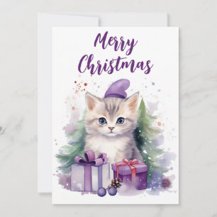Merry Christmas Cute Kitten and Christmas Gifts Holiday Card