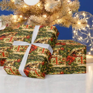 Merry Christmas Cute Kitten in Gift Box Wrapping Paper