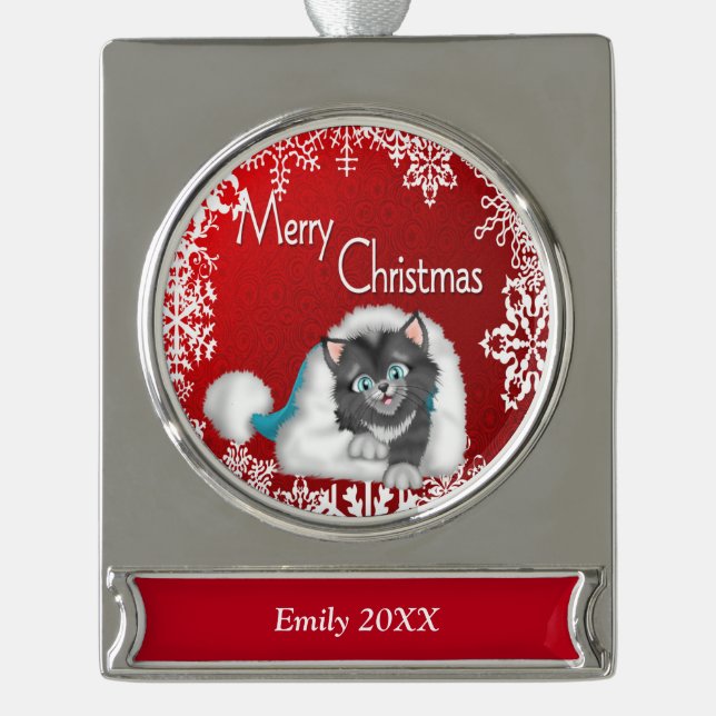 Merry Christmas Cute Kitty Banner Ornament - Silve (Front)